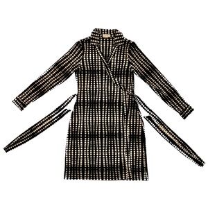 CALVIN KLEIN WOMENS BLACK/WHITE LONG SLEEVE BELTED WRAP AROUND DRESS SIZE 10